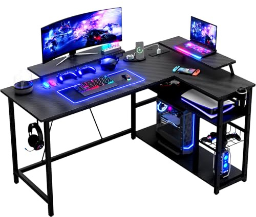 Devoko 140x80cm L Shaped Gaming Desk With RGB Lights&Power Outlets, Computer Corner Desks with Reversible Large Storage Shelves Office Table With Water cup holder，Carbon fiber black