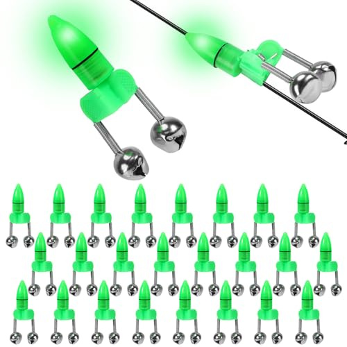 Eucredy 25 PCS Fishing Rod Bells with Tip up Lights, Dual Fishing Bite Alarms for Fishing Poles, Bright LED Fishing Lights for Night Fishing, Ice Fishing, Anti-Slip Clip Fishing Alert Bells for Rods