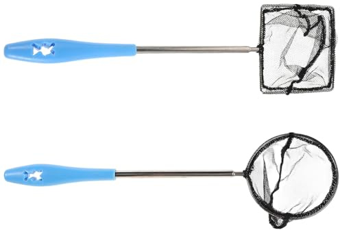 ABOOFAN Lot de 2 Épuisettes Télescopiques pour Aquarium et Bassin Filet Circulaire et Carré en Acier Inoxydable Poignée Réglable Maille Fine pour Petits Poissons et Entretien Délicat