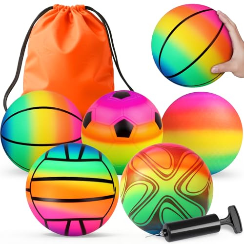 Mechaniker 5 Pack Sports Balls Toy Set for Kids, 25cm Football Basketball Volleyball, Soft Rubber Bouncy Playground Kickball for Indoor Outdoor Pool Play, Office Birthday Party (with Bag, Air Pump)