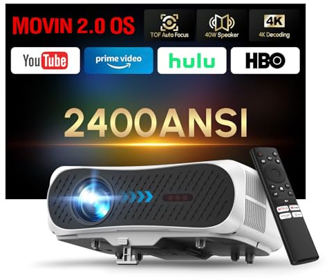 Proyector LED 4K, 2400 ANSI, HDR 10, Visibilidad Diurna, WiFi6, Bluetooth5.4, HDMI eARC/CEC, Enfoque Automático ToF, Altavoz DB-Audio 40W, Ideal para Cine en Casa, Cine, Gaming, Dormitorio y Fitness