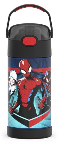 THERMOS FUNTAINER Water Bottle with Straw - 12 Ounce, Spider-Man - Kids Stainless Steel Vacuum Insulated Water Bottle with Lid
