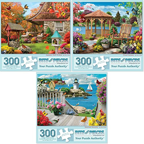 Bits and Pieces - Value Set of (3) 300 Piece Jigsaw Puzzles for Adults - Each Puzzle Measures 18 x 24 - 300 pc Autumn Well Wishes, Seacost Serenity, Floral Fantasy Jigsaws by Artist Alan Giana