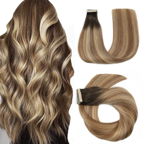 HotLulana Tape Extensions Echthaar Chestnut Brown to Light Brown Mix Light Blonde(#2/6/18) Extensions Echthaar 16zoll/40cm 40g Invisible 100% Natürliche Skin Weft Tape in Extensions Echthaar 20pcs.