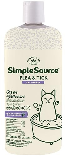 SimpleSource® Flea & Tick Shampoo for Cats, Powered by Plants, Kills Fleas, Flea Eggs, Flea Larvae, Ticks, & Mosquitos, Cleans & Deodorizes, 12oz Bottle