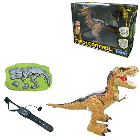 LEXIBOOK - RC Tyrannosaurus Control, Realistic dinosaur, Articulated movements, Roars, Smoke spitting, Light effects, Rechargeable, Fossil and hand-held remote controls included, DINO02