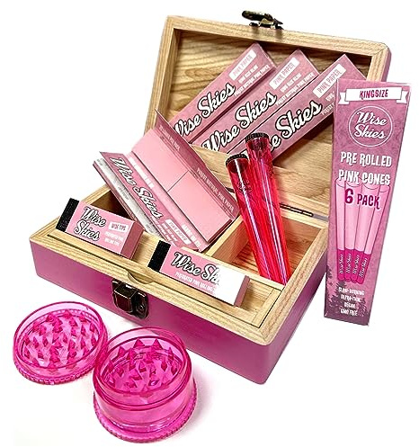 Wise Skies Pink Medium Rolling Box Set Rolling Papers Wide Tips Cones Crusher Holder Doob Tubes, 175 x 120 x 50mm