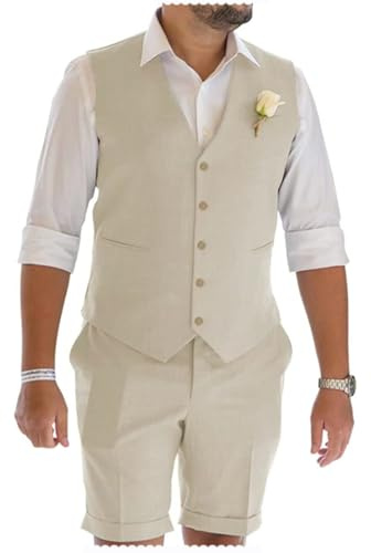 Men's Linen Suit 2 Pieces Prom Tuxedos Summer Beach Wedding Party Vest Short Pants（Beige,L）
