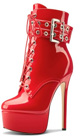 Aachcol Femmes Aiguille Haut High Talon Heel Plate-forme Bottines Rond Bout Lacets Fermeture à Glissière Mi Mollet Boucle Dress Bottes Rouge 38 EU