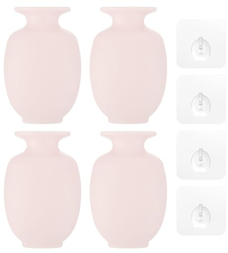 PATIKIL Väggmonterad blomvas, 4 st mini blomvas PP avtagbar vägghängande blomkruka med klibbig krok för dekoration i hemmet, rosa