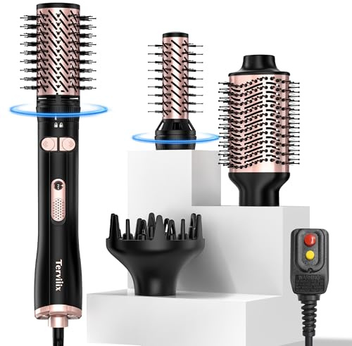 Terviiix 4-in-1 Hot Air Rotating Blow Dryer Brush Kit 1000W with Rotatable Round Brushes (2 Sizes), Oval Volumizer, and Diffuser Ideal for Curly Hair, with Arthritis-Friendly Big Buttons, Black