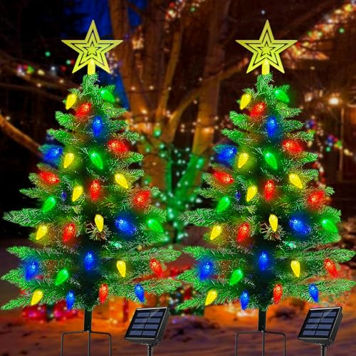 2-Pack 3.6FT Solar Christmas Tree Outdoor Christmas Decorations, 8 Modes Solar Xmas Tree Lights with 100 LED, Waterproof Solar Christmas Lights for Yard Front Porch Pathway Grave Cemetery Decor