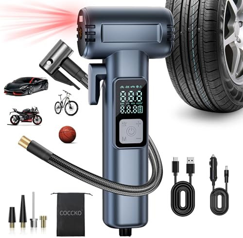 COCCKO Kompressor Auto – Elektrische Luftpumpe mit Akku, 150 PSI, 5 Modi für Auto, Fahrrad, Motorrad & Ball, LED-Licht, SOS-Notfall, USB-C Aufladung, Mini & tragbar, mit LCD-Display & Doppelzylinder