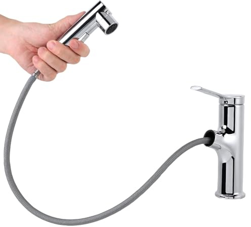 Wakects Pull Out Bathroom Faucet, Kitchen Sink Tap Mixer with Pull Out Spray Brass Cold Hot Mixer Tap with 3 Spary Modes Ceramic Valve for Home Bar (Electrosilvering)