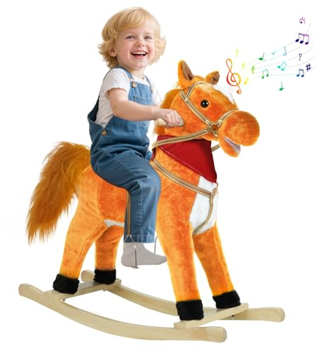 JENPECH Rocking Horse Toy for Kids Plush Ride on Animal with Wooden Rockers, Moving Mouth and Wagging Tail, Musical Sounds, Baby Rocking Chair, 120kg Weight Capacity, Ages 1-6 Light Brown Middle