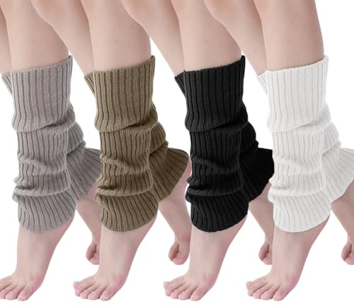 Foonary Leg Warmers - Scaldamuscoli invernali da donna, 4 paia di scaldamuscoli da donna, per Daman e bambini, lunghezza 40 cm, a maglia, caldo, bianco, nero, grigio, cachi