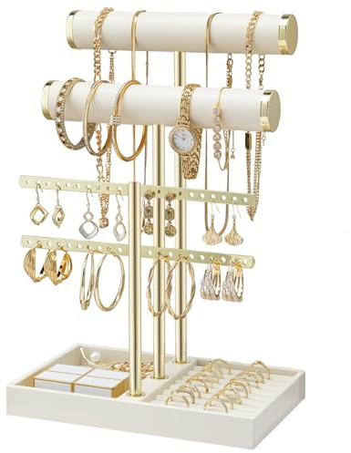 Yoodriy Organizador de Joyas con 3 Niveles, Soporte Desmontable para Joyeros de Terciopelo, Cuelga Collares, Jewelry Expositor para Mujer de Pendientes, Pulseras, Collares, Relojes, Anillos (Beige)