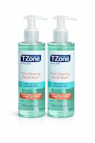 T-Zone Tea Tree & Salicylic Acid Facial Wash (2 Pack) – Deep Pore Cleanser for Oily & Acne Prone Skin – Controls Shine & Clears Blemishes – 200ml per Bottle