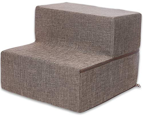 Best Pet Supplies Non-Slip Foam Dog Stair & Pet Ramp, Balanced Indoor Step Support - Foldable Stair, Brown Linen, 2-Step