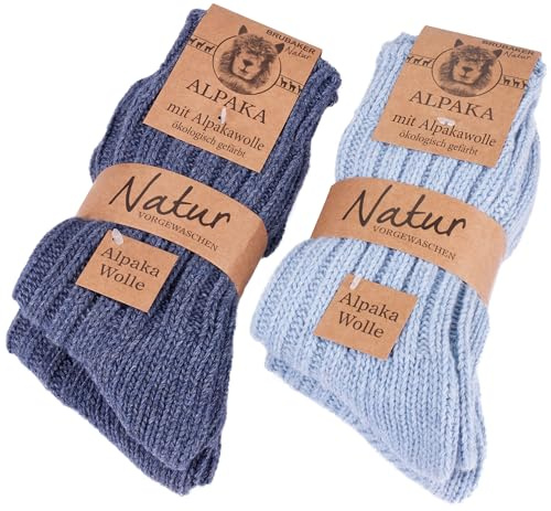 BRUBAKER Chaussettes Tricotées en Alpaga - Lot de 4 Paires - Laine d'Alpaga - Très Épaisses et Chaudes - Unisexe - Bleu - EU 35-38