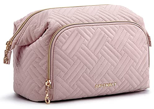 BAGSMART Travel Makeup Bag, Cosmetic Bag Make Up Organizer Case,Large Wide-open Pouch for Women Purse for Toiletries Accessories Brushes Pink