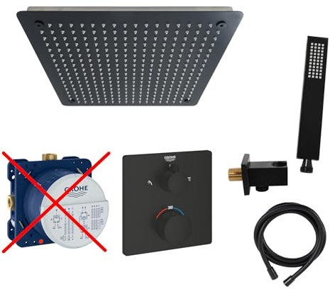 vanvilla Duschsystem mit Unterputz Duscharmatur von Grohe Grohtherm Thermostat und vanvilla Regendusche mit Armatur, Duschkopf, Dusch-SET GS08-ob schwarz matt