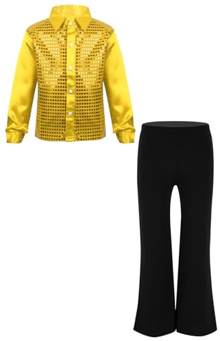 Oyolan Enfant Garçon Ensemble Costume Paillette Chemise Manches Longues et Pantalon Evasé Tenue Danse Latine Jazz Disco Soirée Spectacle 5-14 Ans