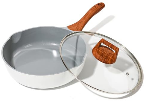 SC Cooker Nonstick Frying Pans with Lid, 28cm Skillets Deep Frying Pan Non Stick, Ceramic Frying Pans with Pour Spout, Non Toxic Frying Pan for Stove, Induction, Gas, PB/CD/PFOA Free (White, 28cm)
