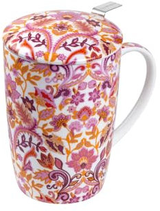 TEA SHOP - Taza de Té o Infusiones con filtro, infusor y tapa - Mug Super Jumbo Floral Paisley - Fabricada en Porcelana