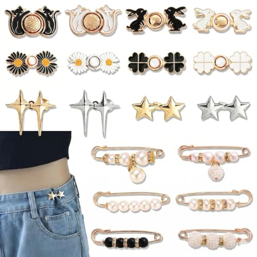 Piacolnic Juego de 18 Piezas con Tensores de Cintura para Pantalones, Botones Ajustables para Jeans con Broches Metálicos, Botones para Vaqueros sin Coser para Jeans, Faldas y Vestidos