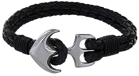 LES POULETTES BIJOUX - Pulsera Hombre Ancla de Plata 925 y Cuero Negro Dos Enlaces Trenzados Redondos - taille 18 cm