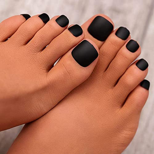 Handcess Quadratische matte falsche Zehennägel Kurzer Schwarz künstlicher Fußnagel Volle Abdeckung Künstlicher Stick am Fuß Nagelspitzen für Frauen und Mädchen (24 Stück)