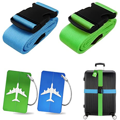 Koffergurt Kofferanhänger Set, 2 Stück gepäckband mit 2 Stück Gepäckanhänger Set, Kofferband Gurt Personalisierte Identifikation für Schnell erkennen Gepäck Reisetasche Koffer (Blau+Grün)