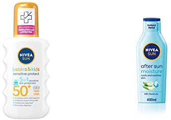 NIVEA SUN Kids Protect & Sensitive Spray Sunscreen Spray with SPF 50+ & SUN After Sun Moisturising Soothing Lotion, Cooling Moisturiser with Aloe Vera, Naturally Soothing After Sun Care