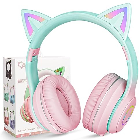 Auriculares Inalámbricos AXFEE para Niños, Orejas de Gato con Luz LED y Microfono, Plegables pais Niños, Móvil/Tableta (Rosa Degradado)