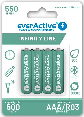 everActive EVHRL03-550 - Pilas AAA 550 mAh (4 Unidades, NI-MH, Mini R03, precargadas, Infinity Line 1,2 V, 1 blíster), Color Verde