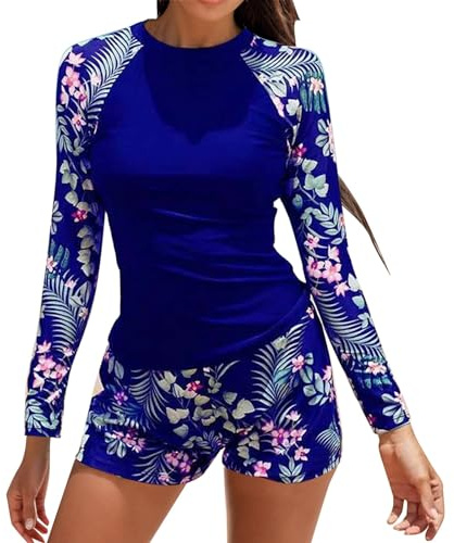 KBOPLEMQ - Camiseta de natación de manga larga para mujer con protección UV UPF 50+, secado rápido, ropa de baño atlética, traje de baño, bañador, bañador, bañador, bañador de playa, A azul., XL