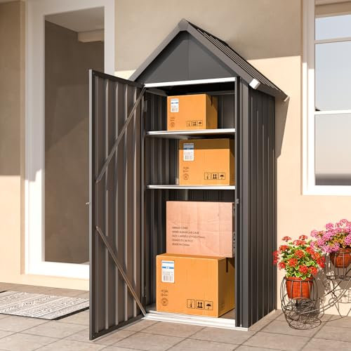U-MAX Outdoor Tall Garden Storage Box with Single Door,3 Adjustable Shelves,Outdoor Cupboard&Cabinet for Garden,Metal Garage Slim Shed, Grey