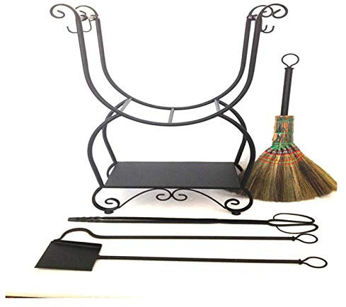 Supporto per legna da ardere Spark Guard con 4 accessori per camino, supporto per legna da ardere in acciaio resistente per camino, porta legna da ardere per interni ed esterni, supporto per carbone