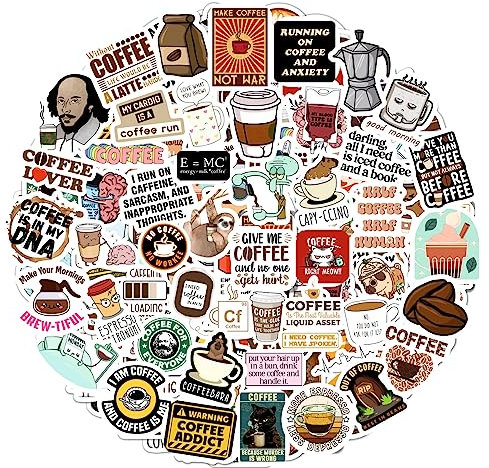 Padabayka 100 Stück lustige Kaffee-Aufkleber für Planer, Laptops, Scrapbooking und Trinkflaschen, lustige Geschenke für Kaffeeliebhaber - Coffee Stickers