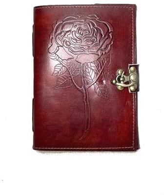 ROOGU Notizbuch Leder [M] mit Rose – Handmade Tagebuch, Skizzenbuch, Journal – Vintage Design aus Indien – Echtleder & Baumwollpapier