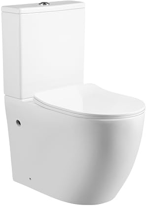 LARDECOR - WC Inodoro Completo con Sistema Rimless Antibacterias | 605×370×800 mm | Váter de Baño de Cerámica, Tapa Dura Extrafina UF Amortiguada, Retrete de Doble Descarga y Ahorro de Agua (Blanco)