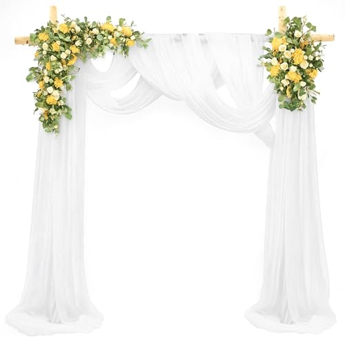 VOSSOT 2 Stück Tüll Querbehang Weiß Hochzeit Vorhang Hochzeitsbogen Chiffon Stoff Gardinen Dekoration 75x600cm Kulissenvorhänge für Hochzeitsbogen Hochzeit Torbogen Zeremonie Fotografie Party