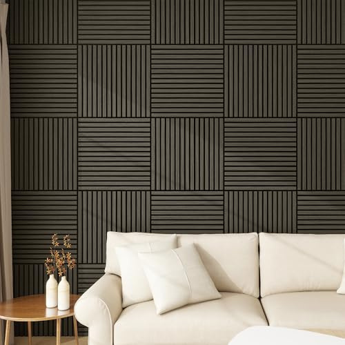 NEU.HOLZ Set di 16 Pannelli Murali 3D Fonoassorbenti 60x60 cm a Listelli Dritti per Pareti Soffitti Moduli Decorativi Copertura 5,76 m² - Effetto Rovere Grigio Scuro