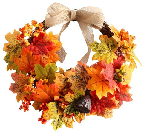 Couronne Automne,Deco Automne Interieur, Couronne De Porte Halloween,LED 40 Cm Couronne De Porte Automne avec Baies Et Feuilles D'éRable Citrouille (A)