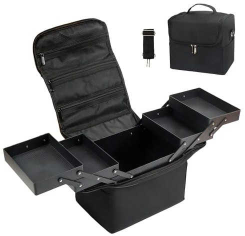 Makeup Organiser Bag Vanity Cases Professional Cosmetic Bags Large Travel Make up Bag Storage Nail Art Kit Beauty Box - Black Makeup Bags Organizer Set with 4 Trays & Shoulder Strap for Girls & Women