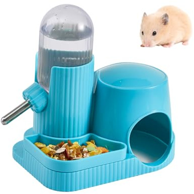 Bebedero 3en1 para Hámster Dispensador Automático Antifugas con Comedero y Base Escondite para Gerbil Rata Hámster Enano Ratón (Azul, 100ml)