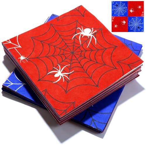 Servilleta Telaraña,20 piezas Servilletas para Fiesta de Telaraña,Decoraciones de Mesa Azul-Rojo,Servilletas de Papel Decorativas con Temática de Halloween,2 Capas,33x33CM
