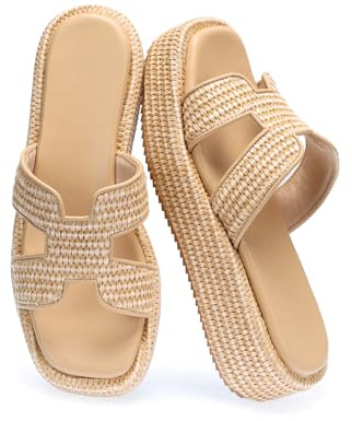 Monrovia Platform Sandals for Women, Lightweight Raffia Woven Slip-On Slides, Cushioned Insole, Low-Slope Chunky Sole for All-Day Comfort, Casual Summer Vacation Wear, Nude Rafia, 5 UK