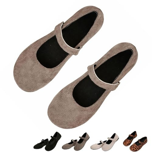 Ballerine ortopediche in camoscio Mary Jane da donna, comode ballerine con punta arrotondata, vestibilità larga, casual, senza lacci, con cinturino, grigio, 39.5 EU